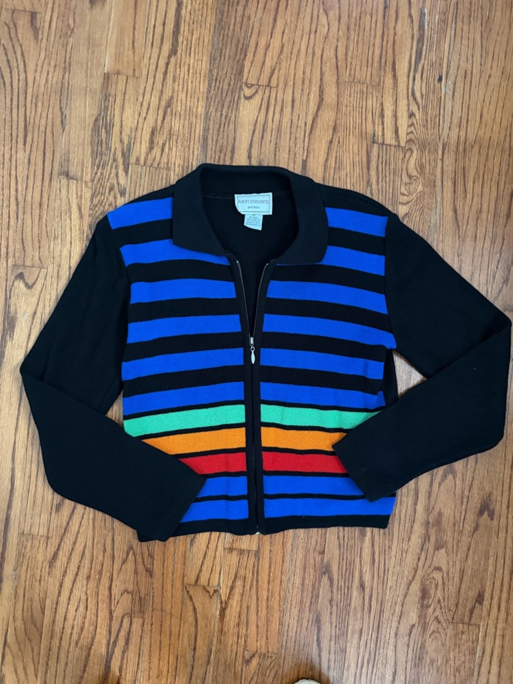 Vintage Karin Stevens Sweater Striped Rainbow Womens Black Full Zip Cardigan